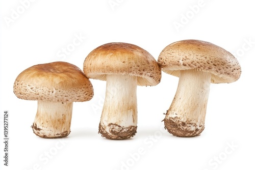 Three Brown Mushrooms in a Row Isolated on White Background
