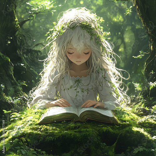 A young woman with flowing white hair reading in a forest