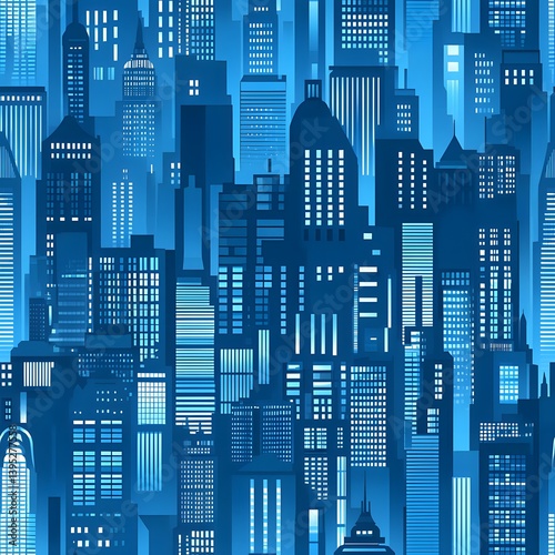 A seamless pattern of a futuristic city skyline at night featu a repeating design of illuminated skyscrapers and buildings in varying heights and architectural styles creating