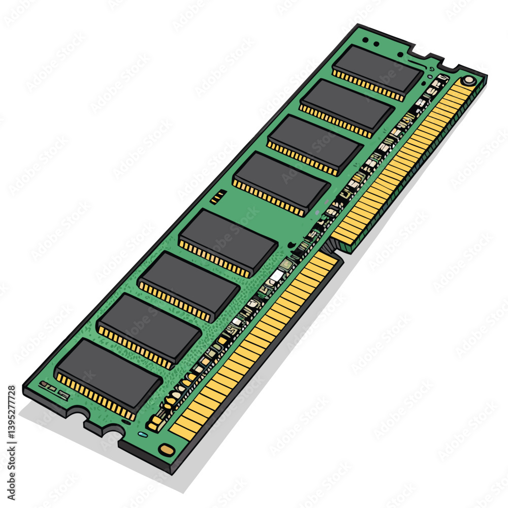 Create a bold, vector illustration of a RAM memory stick, using strong, impactful strokes and vibrant colors. Focus on detail and modern design aesthetics. Create a bold, vector illustration of a RAM memory stick, using strong, impactful strokes and vibrant colors. Focus on detail and modern design aesthetics.