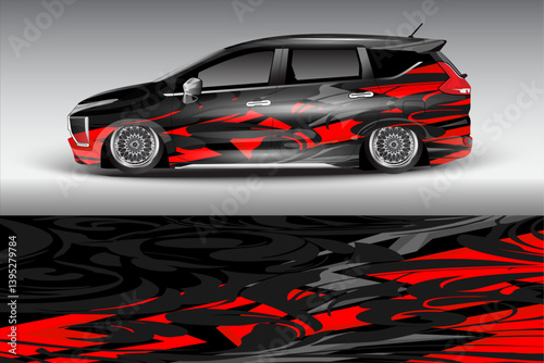 Stylish modified car with intricate red and black design, showcased on a gradient background
