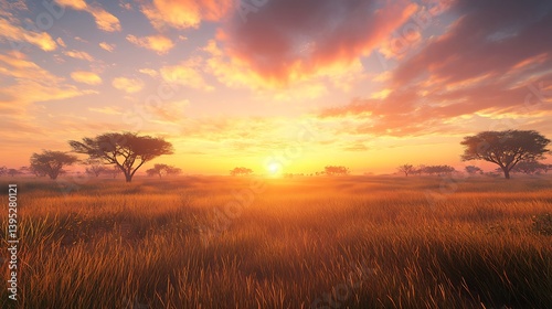 Golden Sunset Over the African Savanna with Solitary Acacia Trees for Wildlife Themes, Travel Inspiration, or Warm Backgrounds