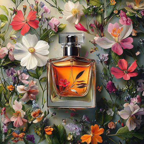 A perfume bottle is surrounded by colorful wildflowers with lush greenery