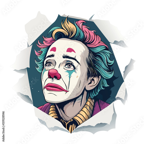 Design a vector illustration of a punk clown weeping dramatically, utilizing bold, thick strokes and vibrant colors.  Emphasis on strong graphic style.