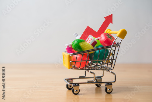 Red arrow growth chart, food, drinks, vegetables, fruits in supermarket trolley. Rising cost of living, food price increase, inflation crisis, war effect to global economic, US tariffs effect concept.