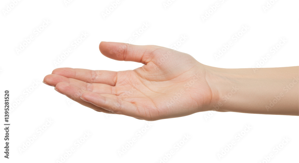 Open hand gesture against a plain background, suggesting invitation or offering Open hand gesture against a plain background, suggesting invitation or offering