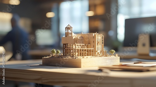 Obraz na płótnie A textile mill replica on a professional office desk, surrounded by a well-lit, organized office space for an inspiring work setting. w salonie