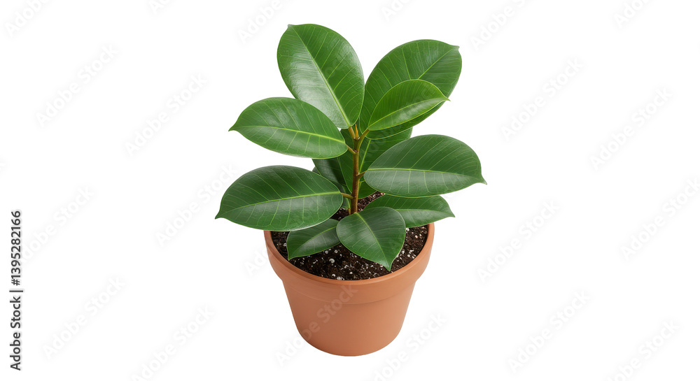 Obraz premium Potted rubber plant with glossy green leaves against a plain background