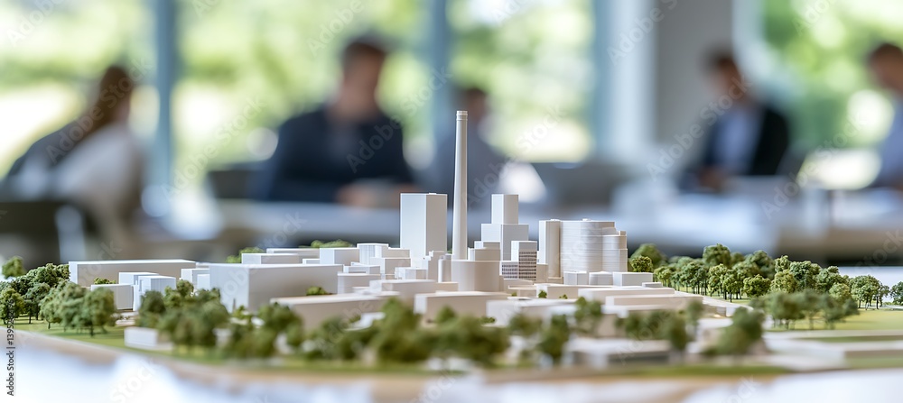 A miniature textile mill model displayed on a clean office table, with plenty of natural light filling the modern office environment.