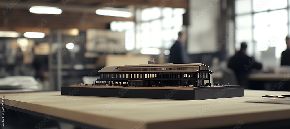 A detailed model of a textile mill sitting on an office desk in a bright, well-lit office space, creating a productive atmosphere.