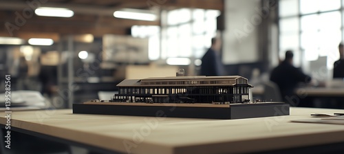 Obraz na płótnie A detailed model of a textile mill sitting on an office desk in a bright, well-lit office space, creating a productive atmosphere. w salonie