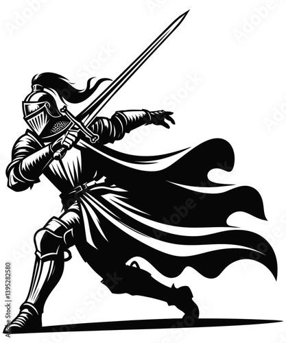 Silhouette medieval knight warrior  in an aggressive attack stance 2.ai