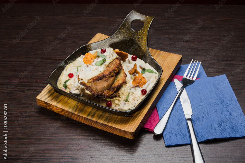 Draniki with chanterelle mushrooms, cream sauce and meat