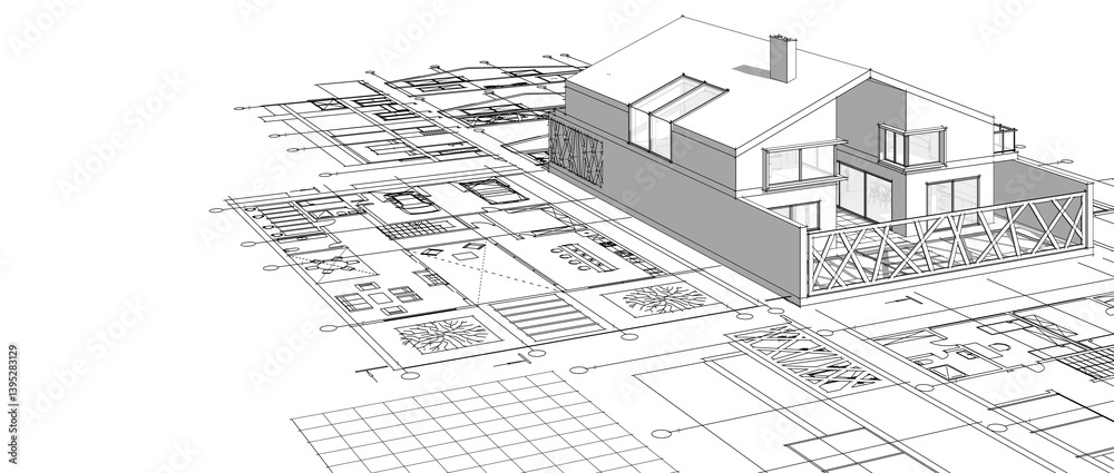 Fototapeta premium house architectural project sketch 3d illustration