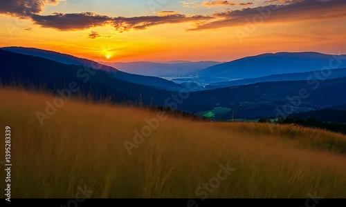 Scenic Sunset Over Mountains with Vibrant Sky and Rolling Hills
