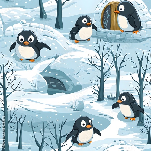 A charming seamless pattern features adorable cartoon penguins playfully interacting near their snow igloo homes in a whical winter wonderland landscape.