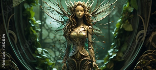 Paper quilling green leaf Dryad Nano Robot full body in a sea of diamonds, ai generative