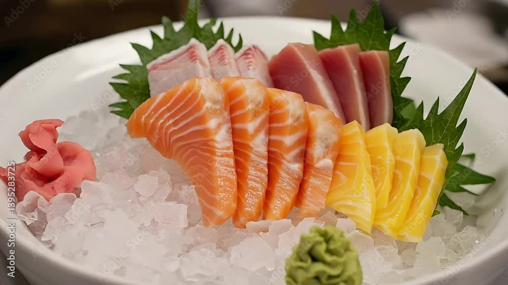 Assorted fresh sashimi platter on ice with garnish Assorted fresh sashimi platter on ice with garnish