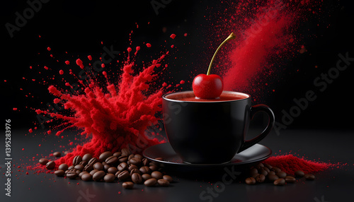 Vibrant Cherry Coffee Splash on Dark Background