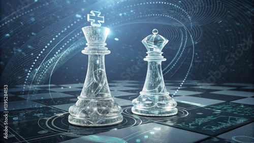 futuristic chess concept featuring transparent glass king and queen pieces on digital chessboard, surrounded by glowing abstract lines