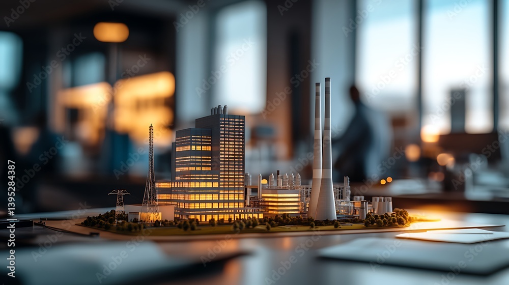 A scale model of a thermal power plant rests on a tidy office table, surrounded by a bright and welcoming office setting.