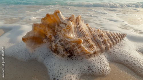 A large, beautifully textured seashell resting on the soft, white sand of a tropical beach.