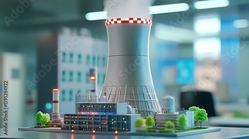 Obraz na płótnie A scale model of a thermal power plant rests on a tidy office table, surrounded by a bright and welcoming office setting. w salonie