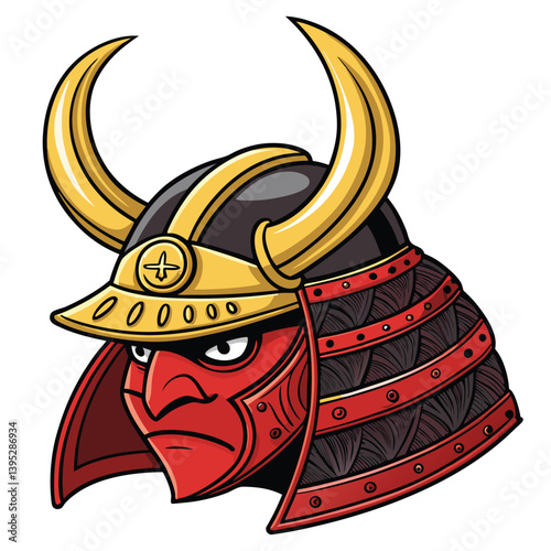 Design a bold, vector illustration of a samurai helmet (kabuto) featuring a prominent 'G' incorporated into the design.  Emphasize strong lines and graphic impact.
