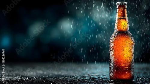 A cold bottle of beer sits on a dark surface with raindrops falling around it creating a refreshing and moody atmosphere.