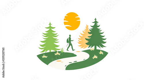 Minimalist icon of a person walking on a scenic nature trail, featuring trees, pathway, and outdoor elements for hiking and adventure themes photo