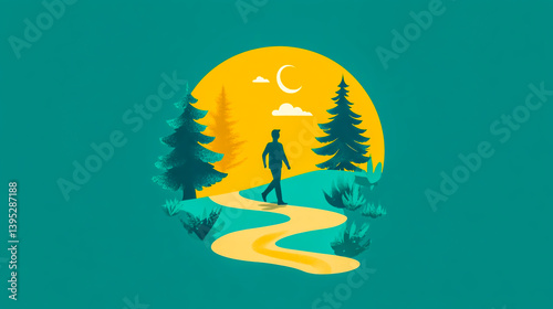 Minimalist icon of a person walking on a scenic nature trail, featuring trees, pathway, and outdoor elements for hiking and adventure themes photo