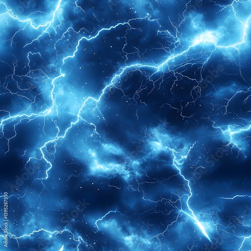 A stunning seamless background pattern featu bright blue lightning bolts dramatically striking across a dark navy blue sky creating an intense and powerful electric storm