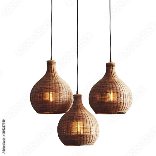 Woven Rattan Pendant Lights with Natural Textures Isolated on Transparent Background