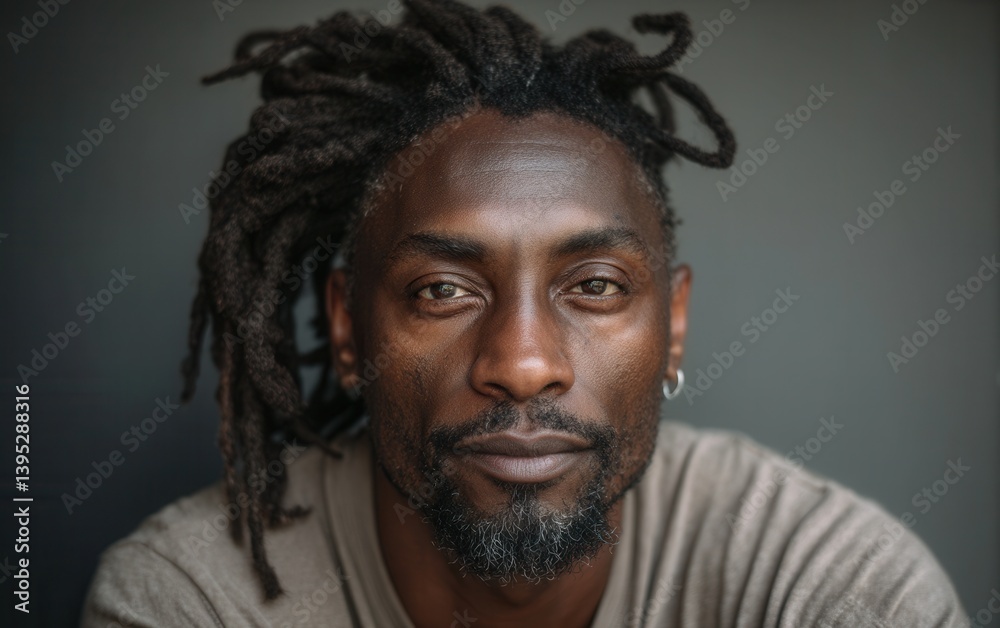Fototapeta premium Portrait of a Black man with dreadlocks and neutral-toned T-shirt, clean white backdrop, no hands, confident presence