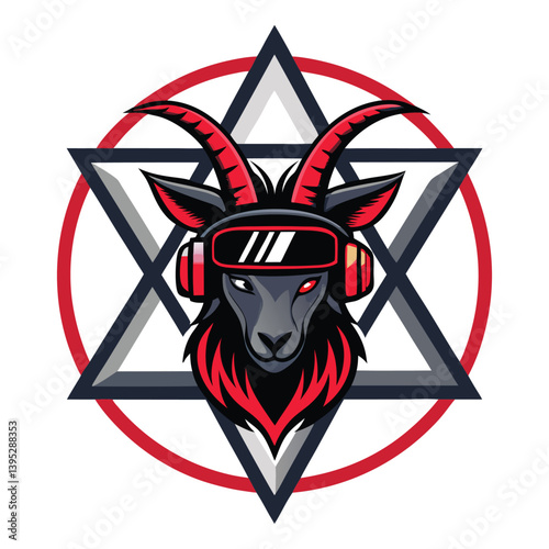 Design a bold, vector illustration of a demonic goat wearing a VR headset, showcasing powerful lines and intense expression.