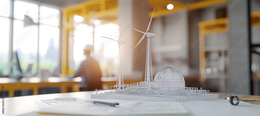 In a bright office room, a windmill power station model sits on a desk, representing green energy and eco-friendly innovation in workplace decor.