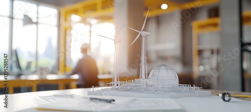 Obraz na płótnie In a bright office room, a windmill power station model sits on a desk, representing green energy and eco-friendly innovation in workplace decor. w salonie