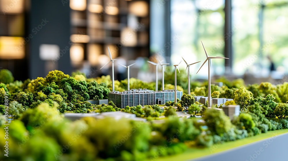 Model of a windmill power station placed on an office desk in a naturally lit office room, symbolizing clean energy and smart workspace design.