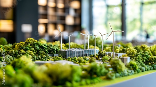 Obraz na płótnie Model of a windmill power station placed on an office desk in a naturally lit office room, symbolizing clean energy and smart workspace design. w salonie