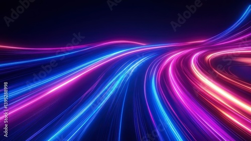 Abstract vibrant light trails, glowing curves and lines, dynamic motion speed effect.