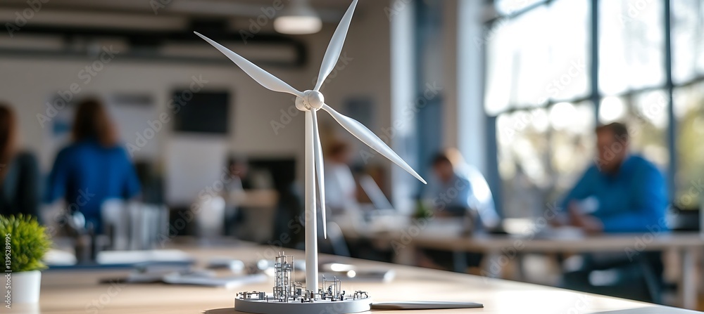 Model of a windmill power station placed on an office desk in a naturally lit office room, symbolizing clean energy and smart workspace design.