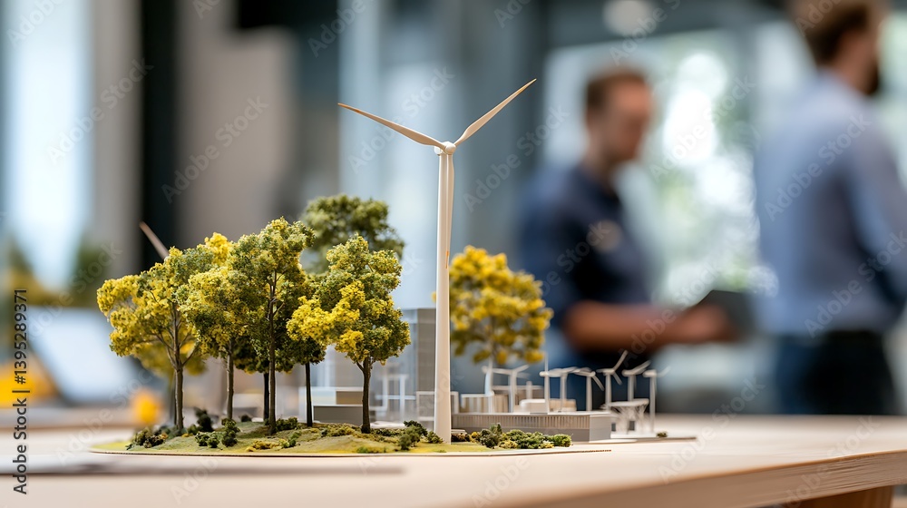 Model of a windmill power station placed on an office desk in a naturally lit office room, symbolizing clean energy and smart workspace design.