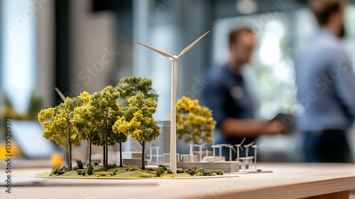 Obraz na płótnie Model of a windmill power station placed on an office desk in a naturally lit office room, symbolizing clean energy and smart workspace design. w salonie