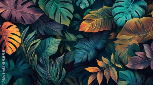 Wallpaper Mural Lush tropical foliage with vibrant, multicolored leaves in a dark background. Torontodigital.ca
