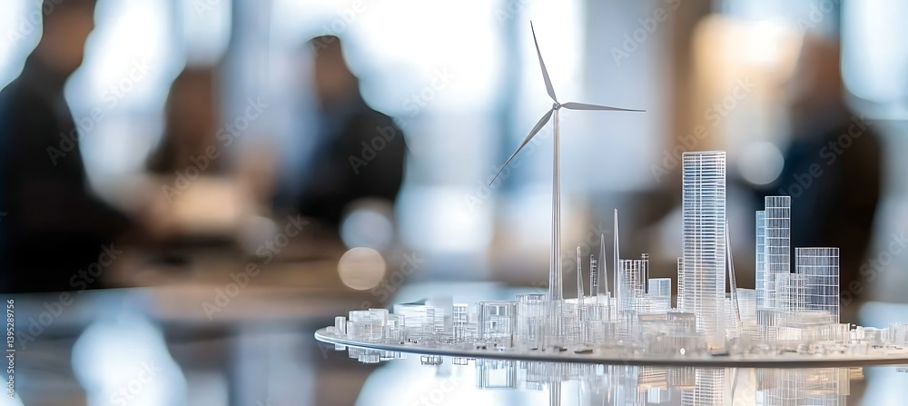 Wind power station model standing on a sleek office table in a bright room, showing sustainable energy ideas and modern workplace design inspiration.