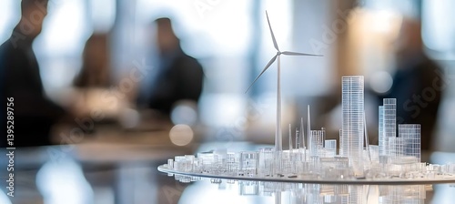 Obraz na płótnie Wind power station model standing on a sleek office table in a bright room, showing sustainable energy ideas and modern workplace design inspiration. w salonie