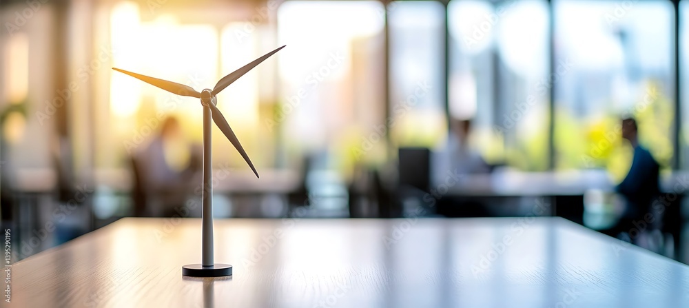 Miniature windmill model placed on an office desk inside a bright, sunlit room, symbolizing clean energy, innovation, and eco-friendly thinking at work.
