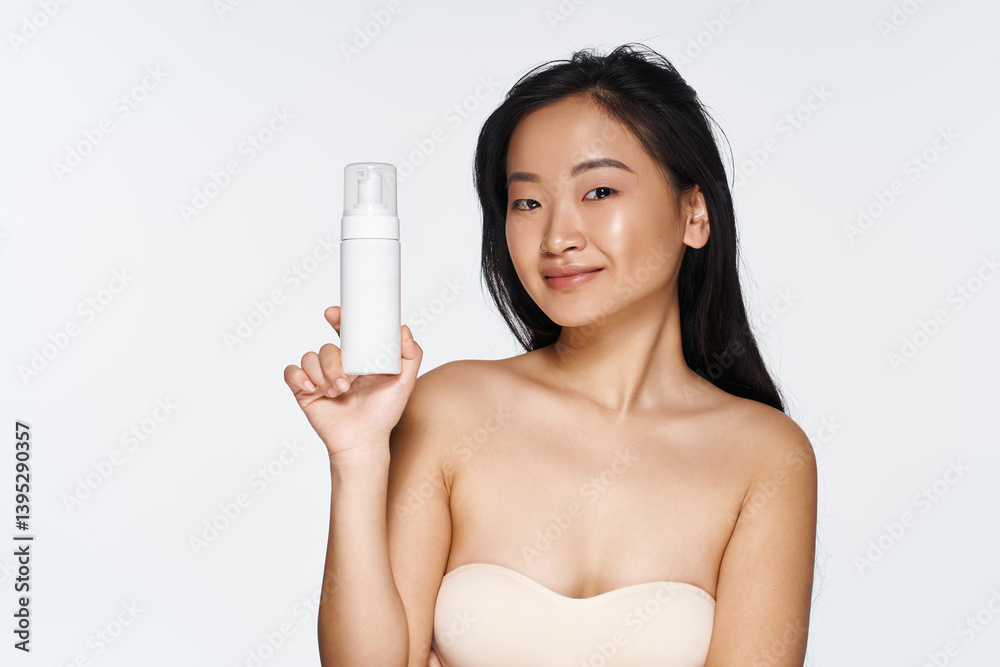 Radiant young woman showcasing skincare product with confidence and beauty in studio setting