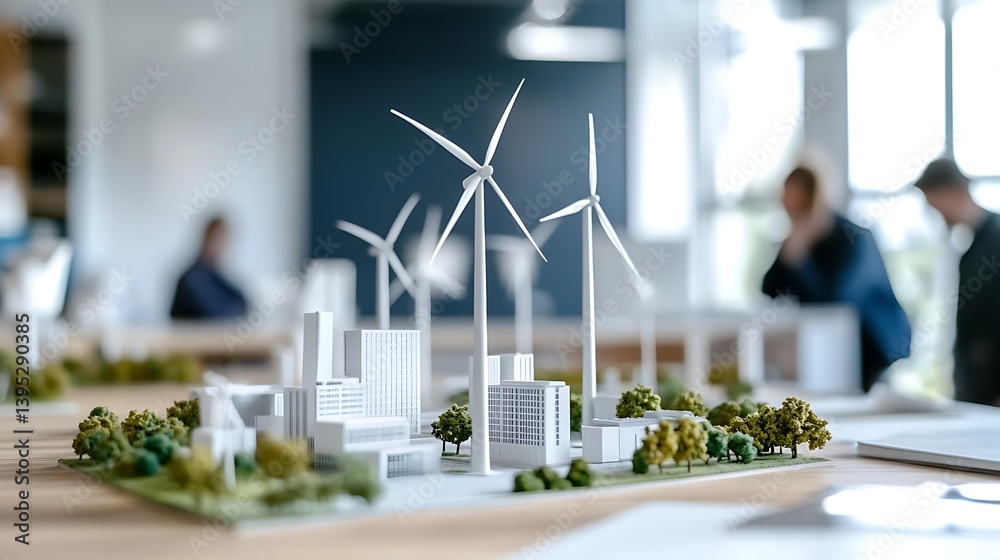 Miniature windmill model placed on an office desk inside a bright, sunlit room, symbolizing clean energy, innovation, and eco-friendly thinking at work.