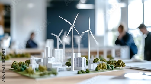 Obraz na płótnie Miniature windmill model placed on an office desk inside a bright, sunlit room, symbolizing clean energy, innovation, and eco-friendly thinking at work. w salonie